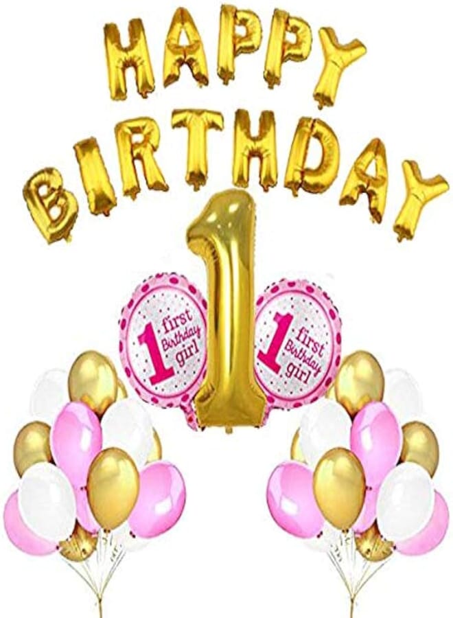Secret 1st Birthday Decoration Set for Girl - Gold Foil Balloon, Pink, Gold and White Latex Balloons
