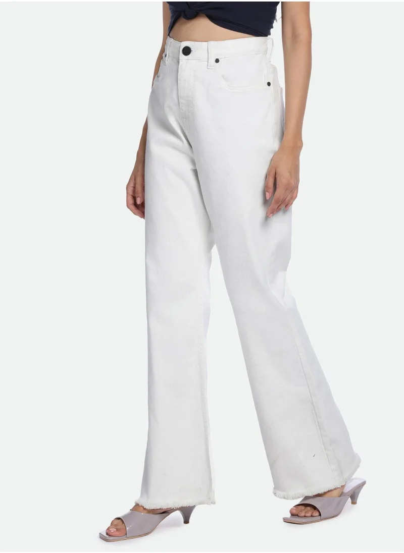 دينيس لينغو White Bootcut Jeans for Women - Denim Twill, Solid, Mid-Rise, Full Length, Button & Zip, Casual