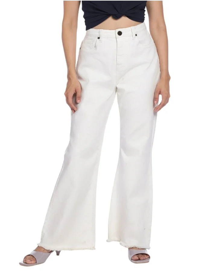 دينيس لينغو White Bootcut Jeans for Women - Denim Twill, Solid, Mid-Rise, Full Length, Button & Zip, Casual