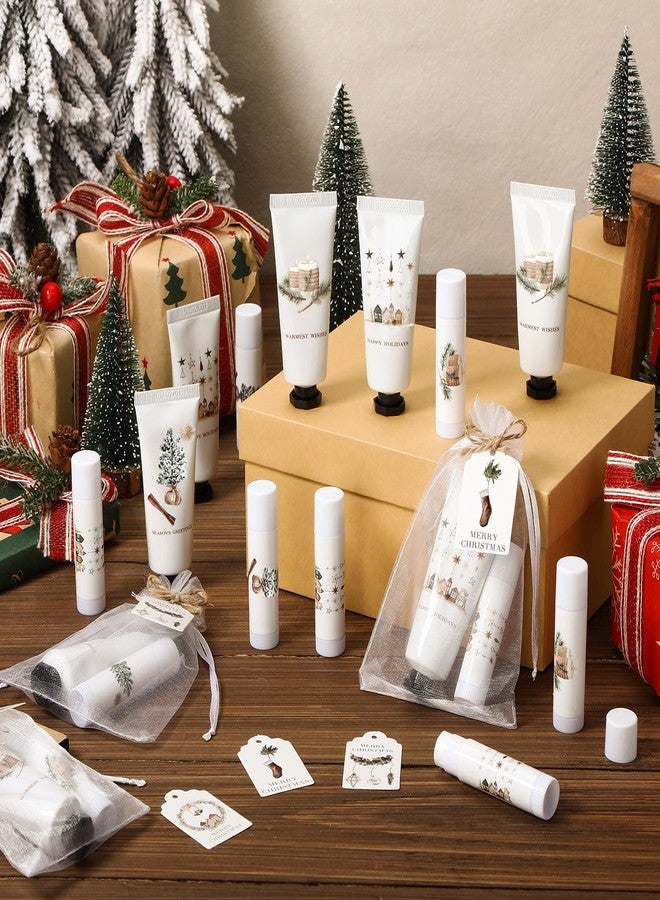 Dimsile 50 Sets 200 Pcs Christmas Hand Cream and Lip Balm Sets Christmas Stocking Stuffers Holiday Treat Gifts Goodie Xmas Party Supplies for Women Lip Care with Organza Bags and Tags, Rustic Style - Image 2