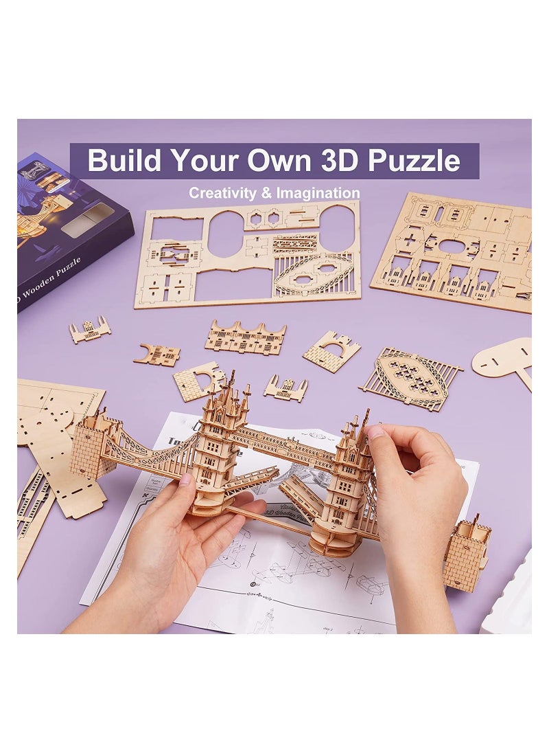 Generic - 3D Puzzles for Adults, Wooden Tower Bridge Craft Kit with LED, for Teens - Image 1
