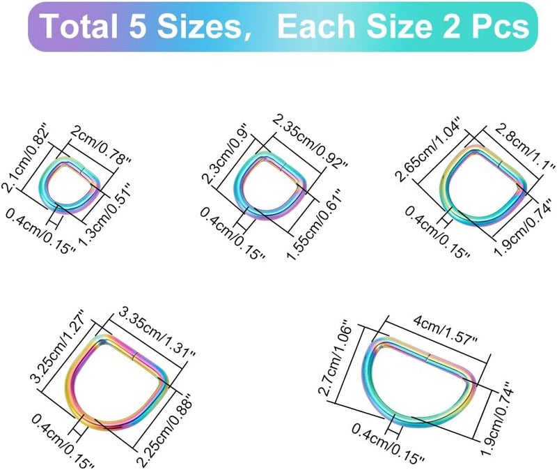 كلاراكو klarako 10 قطع من حلقات معدنية متعددة الأغراض بألوان قوس قزح، 13.5/16/20/26/32 مم حلقات معدنية نصف دائرية على شكل حرف D، مشبك، ملحقات DIY لسلاسل المفاتيح وحقائب الأمتعة والملابس ومشاريع الخياطة - Image 2