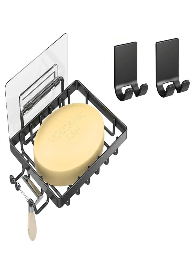 ZENSEWEN 304 Stainless Steel Shower Soap Holder, Rustproof Adhesive Wall-Mounted Soap Dish with 2 Hooks & 2 Shaving Razor Holders, Square Soap Tray for Bathroom & Kitchen - Image 1