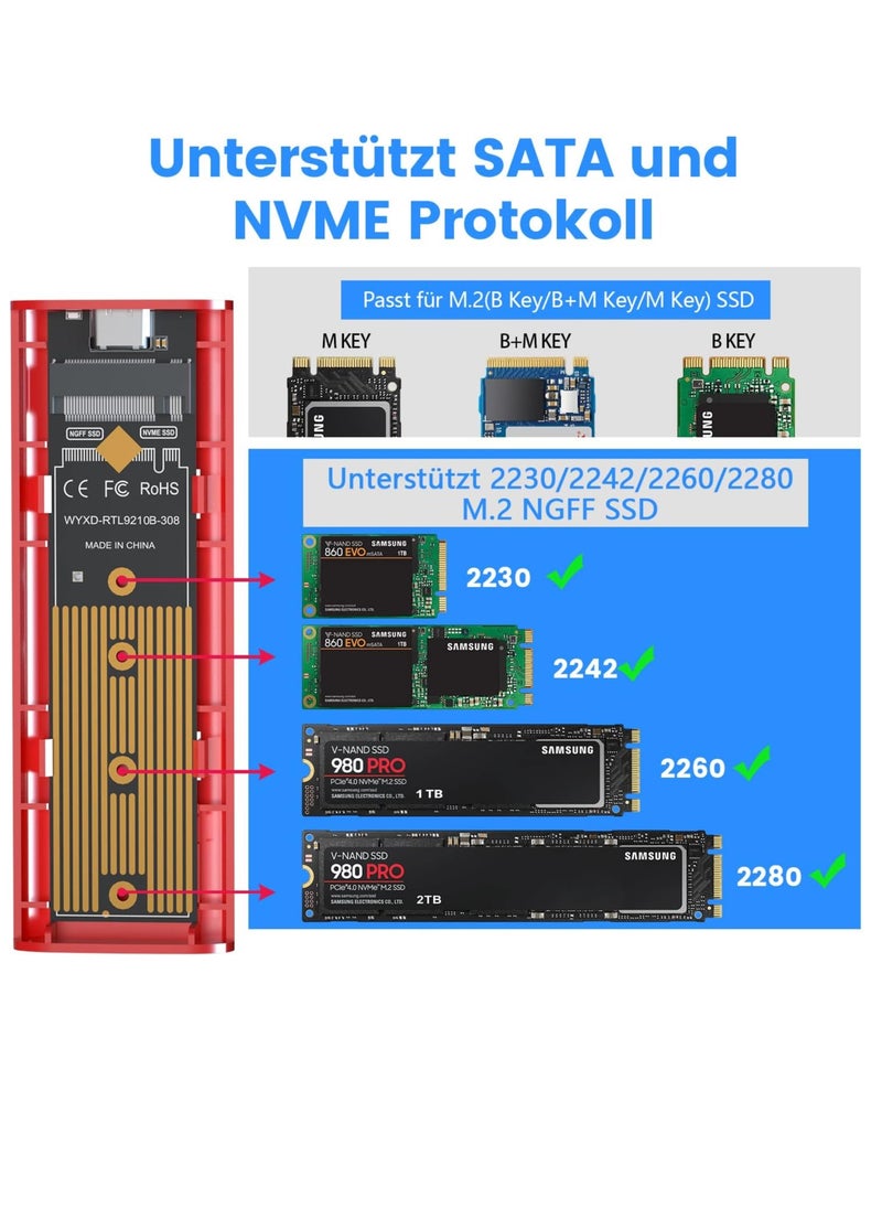 Generic - M2 SSD Enclosure USB 3.2 Gen 2 NVME and SATA USB PCIe Adapter, Aluminum Tool-Free M.2 SSD Adapter 10Gbps for 2230 2242 2260 2280 M-Key or MP-Key Compatible with Samsung Crucial - Image 1