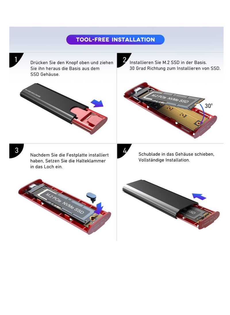 Generic - M2 SSD Enclosure USB 3.2 Gen 2 NVME and SATA USB PCIe Adapter, Aluminum Tool-Free M.2 SSD Adapter 10Gbps for 2230 2242 2260 2280 M-Key or MP-Key Compatible with Samsung Crucial - Image 1