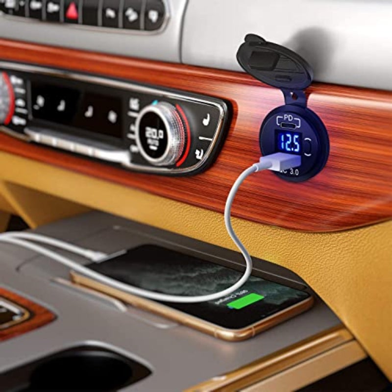 مقبس شاحن سيارة لأجهزة الشحن السريع، مصنوع من البلاستيك الأسود المتين مع منافذ USB مزدوجة تدعم تقنية الشحن السريع 3.0 - Image 3