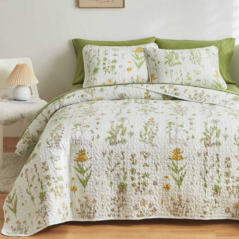 Joyreap 3 Pieces Reversible Quilt Set, Smooth Soft Microfiber Quilt, Yellow Flowers Green Leaves Botanical Design, Bedspread Bed Cover for All Season, 1 Quilt n 2 Pillow Shams (King, 102x90 inches) - Image 1