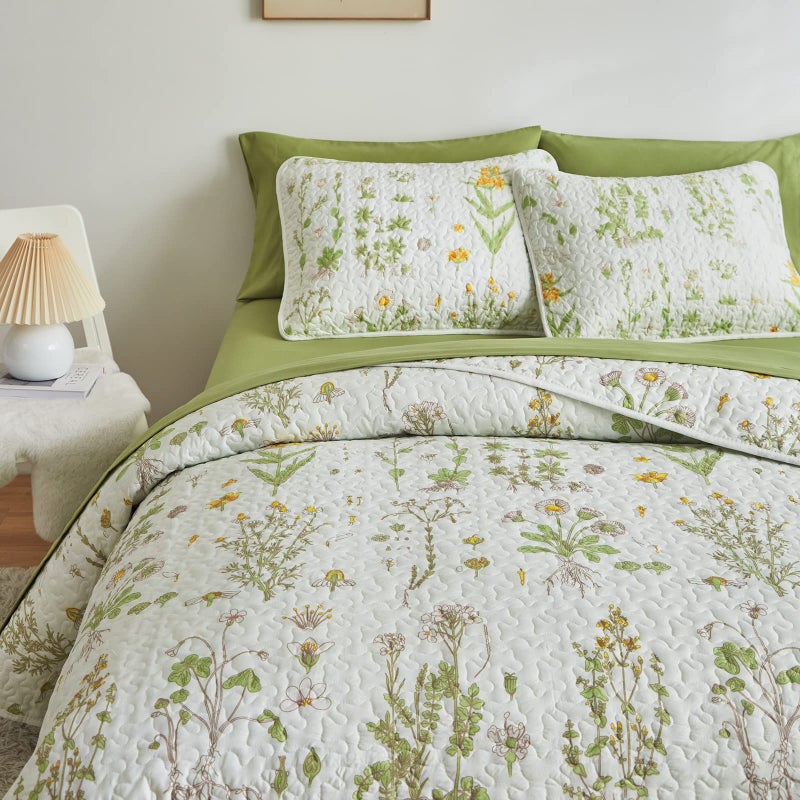Joyreap 3 Pieces Reversible Quilt Set, Smooth Soft Microfiber Quilt, Yellow Flowers Green Leaves Botanical Design, Bedspread Bed Cover for All Season, 1 Quilt n 2 Pillow Shams (King, 102x90 inches) - Image 4