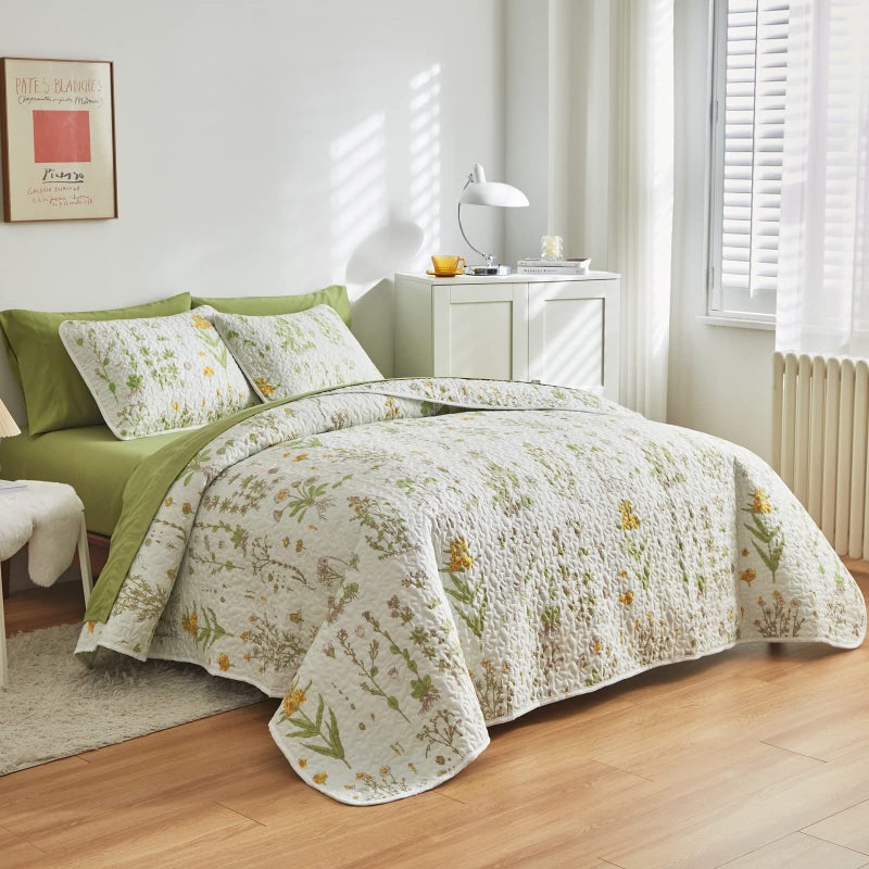 Joyreap 3 Pieces Reversible Quilt Set, Smooth Soft Microfiber Quilt, Yellow Flowers Green Leaves Botanical Design, Bedspread Bed Cover for All Season, 1 Quilt n 2 Pillow Shams (King, 102x90 inches) - Image 3
