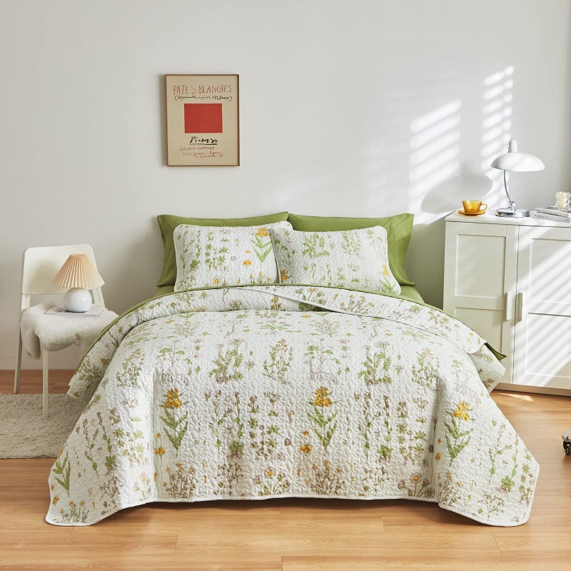 Joyreap 3 Pieces Reversible Quilt Set, Smooth Soft Microfiber Quilt, Yellow Flowers Green Leaves Botanical Design, Bedspread Bed Cover for All Season, 1 Quilt n 2 Pillow Shams (King, 102x90 inches) - Image 2