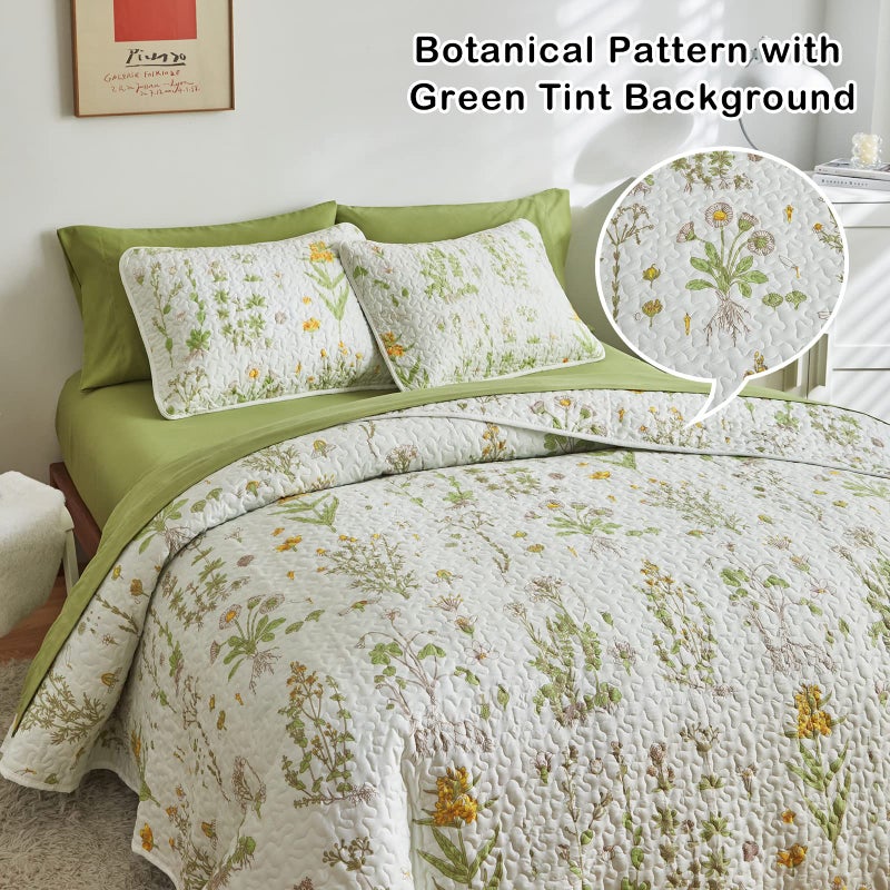 Joyreap 3 Pieces Reversible Quilt Set, Smooth Soft Microfiber Quilt, Yellow Flowers Green Leaves Botanical Design, Bedspread Bed Cover for All Season, 1 Quilt n 2 Pillow Shams (King, 102x90 inches) - Image 5