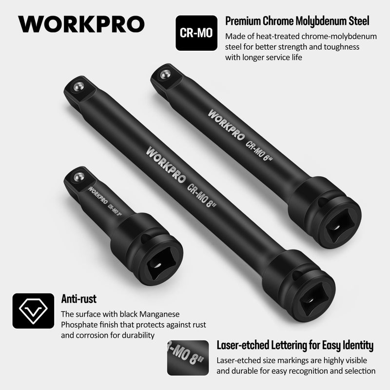 WORKPRO 1/2-Inch Drive Impact Extension Bar Sets, 3 Piece-3, 6, 8 Inch Socket Extension, Hardened and Heat Treated CR-MO Steel with Black Manganese Phosphate Finish - Image 2