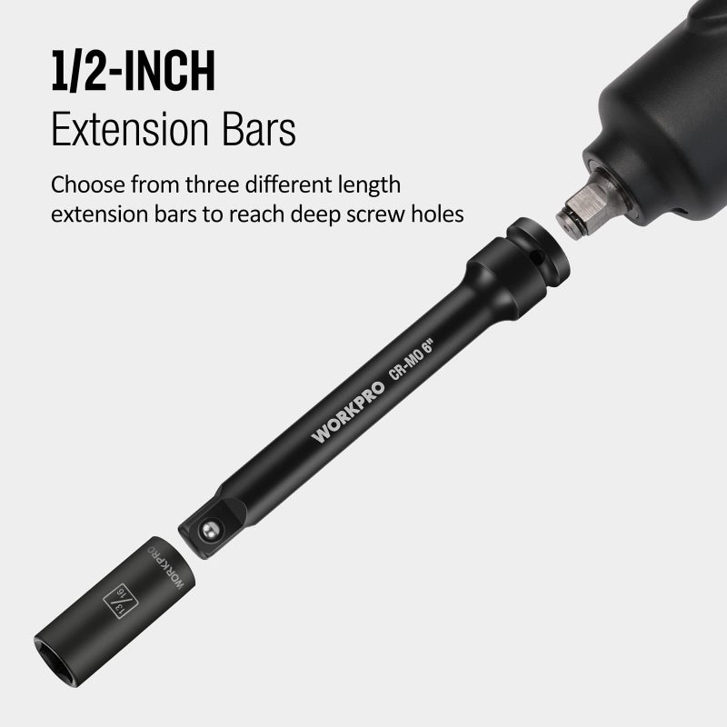 WORKPRO 1/2-Inch Drive Impact Extension Bar Sets, 3 Piece-3, 6, 8 Inch Socket Extension, Hardened and Heat Treated CR-MO Steel with Black Manganese Phosphate Finish - Image 5