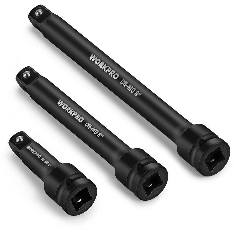 WORKPRO 1/2-Inch Drive Impact Extension Bar Sets, 3 Piece-3, 6, 8 Inch Socket Extension, Hardened and Heat Treated CR-MO Steel with Black Manganese Phosphate Finish - Image 1