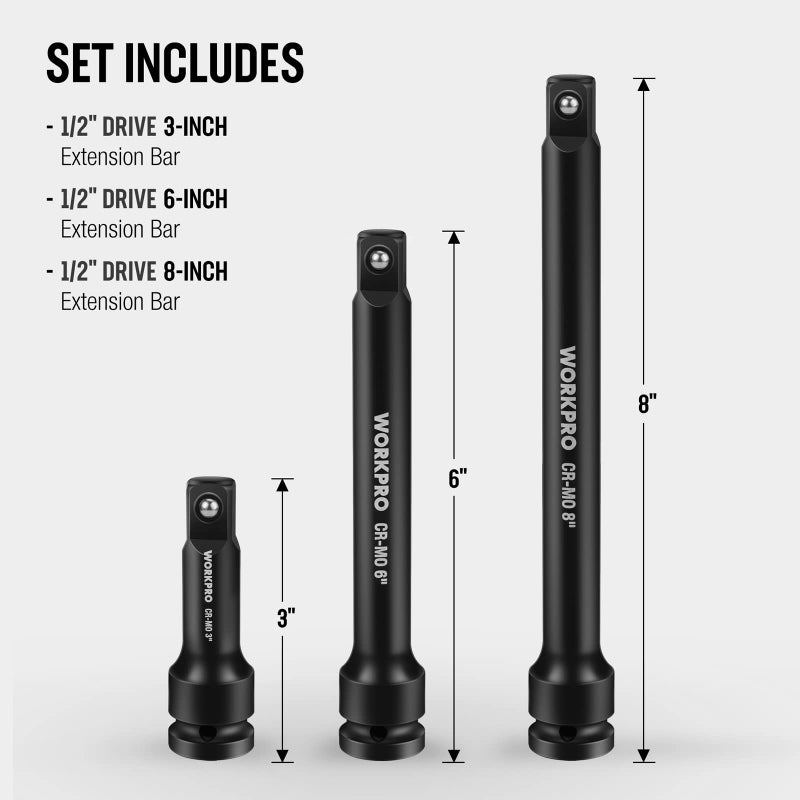 WORKPRO 1/2-Inch Drive Impact Extension Bar Sets, 3 Piece-3, 6, 8 Inch Socket Extension, Hardened and Heat Treated CR-MO Steel with Black Manganese Phosphate Finish - Image 3