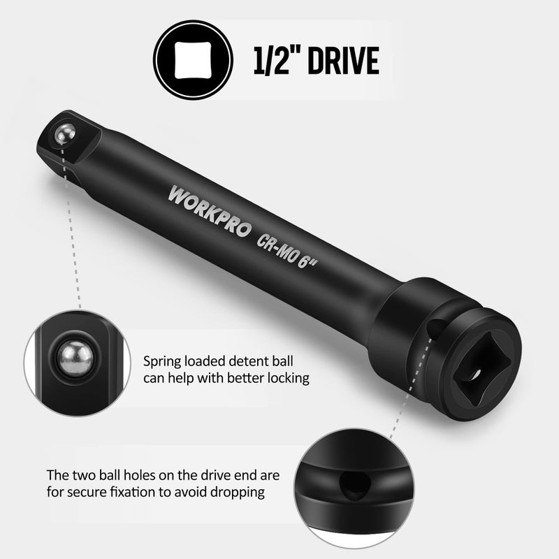 WORKPRO 1/2-Inch Drive Impact Extension Bar Sets, 3 Piece-3, 6, 8 Inch Socket Extension, Hardened and Heat Treated CR-MO Steel with Black Manganese Phosphate Finish - Image 4
