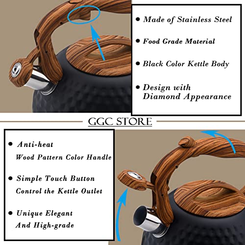 GGC غلاية شاي GGC للموقد، غلاية تصدر صفيرًا عاليًا لغلي الماء أو القهوة أو الحليب، سعة 3.1 كوارت 3 لتر، غلاية ثقيلة من الفولاذ المقاوم للصدأ باللون الأسود مع مقبض بنمط خشبي، غلاية فريدة من نوعها مع زر تحكم لمخرج الغلاية - Image 3