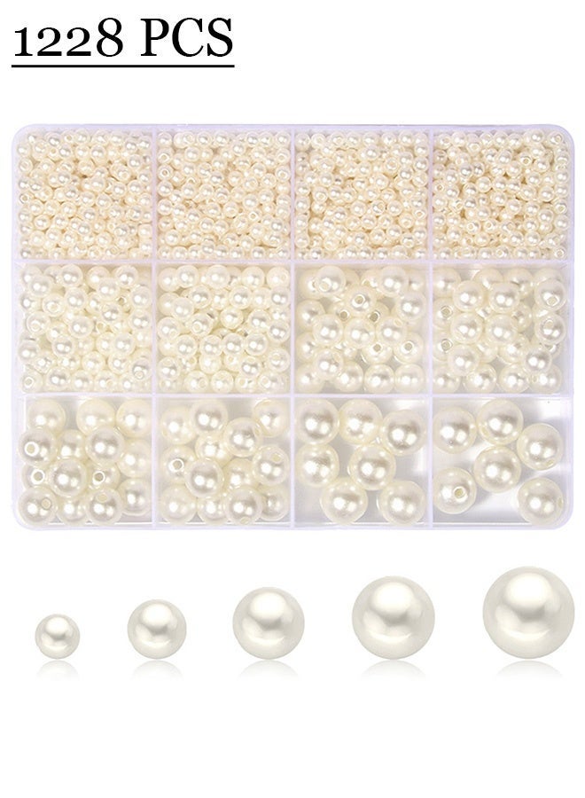 1228 Pcs Pearl Beads for Jewelry Making, 5 Size Round Pearls for Bracelets Making Kit Small Pearl Filler Beads with Hole for DIY Craft Necklace Earrings - Image 1