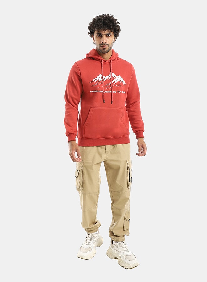 Andora Printed Hooded With Drawstringd Dark Red Sweatshirt-Dark Red - Image 5