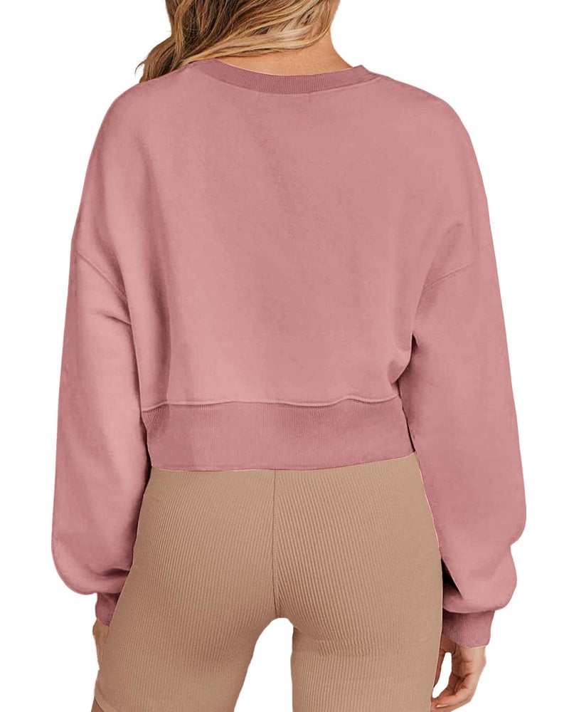 Joywayco Women's Long Sleeve Round Neck Cropped Sweatshirts Comfy Fleece Casual Pullover Tops (Pink,Medium,Female,Adult,US,Alpha,Medium,Regular,Regular) - Image 3