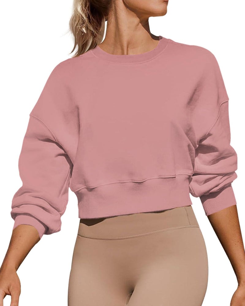 Joywayco Women's Long Sleeve Round Neck Cropped Sweatshirts Comfy Fleece Casual Pullover Tops (Pink,Medium,Female,Adult,US,Alpha,Medium,Regular,Regular) - Image 1