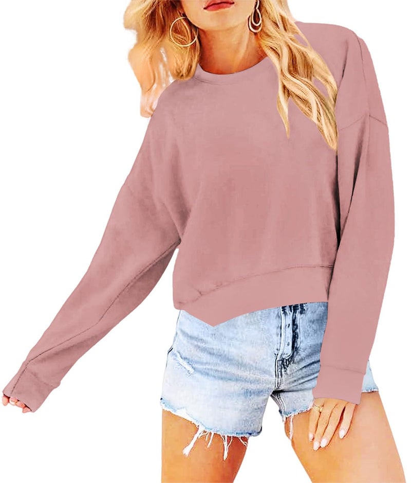 Joywayco Women's Long Sleeve Round Neck Cropped Sweatshirts Comfy Fleece Casual Pullover Tops (Pink,Medium,Female,Adult,US,Alpha,Medium,Regular,Regular) - Image 2