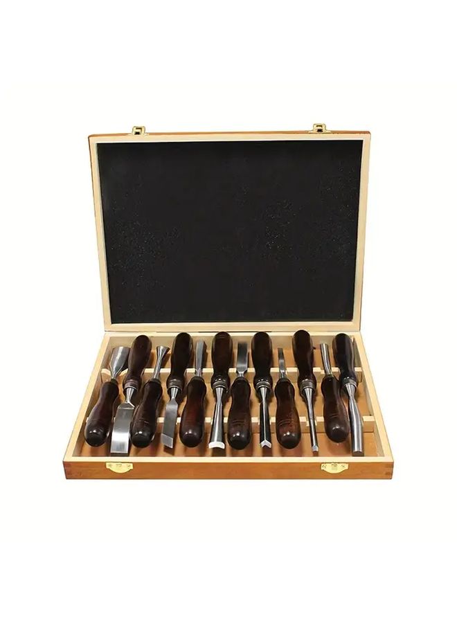 JCJX 12 Piece Chrome Vanadium Steel Wood Chisel Set Walnut Handle Wood Carving Tools in Wooden Case - Image 1
