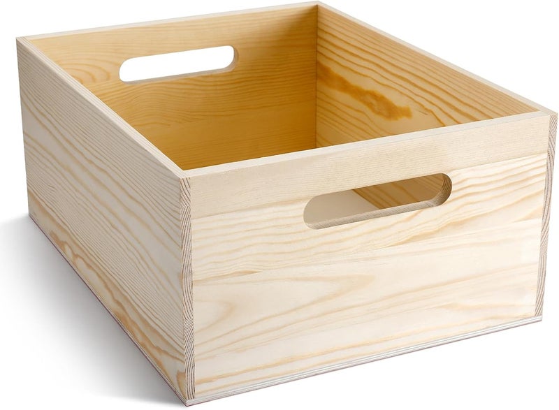 Menkxi صندوق خشبي كبير من مينكسي مع فتحات يدوية، صندوق خشب الصنوبر مقاس 15 × 12 × 7 بوصة، صندوق خشبي غير مكتمل للصناعات الحرفية DIY والهوايات وتخزين المنزل - Image 1