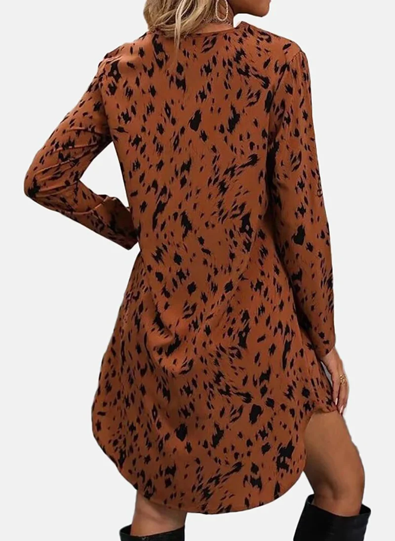 يونيكي Brown Animal Skin Printed V-Neck Roll Up Sleeves A-Line Dress