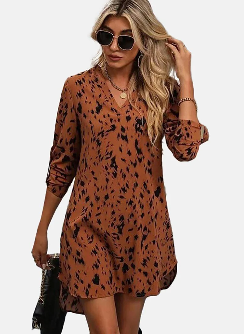 YUNIQEE Brown Animal Skin Printed V-Neck Roll Up Sleeves A-Line Dress