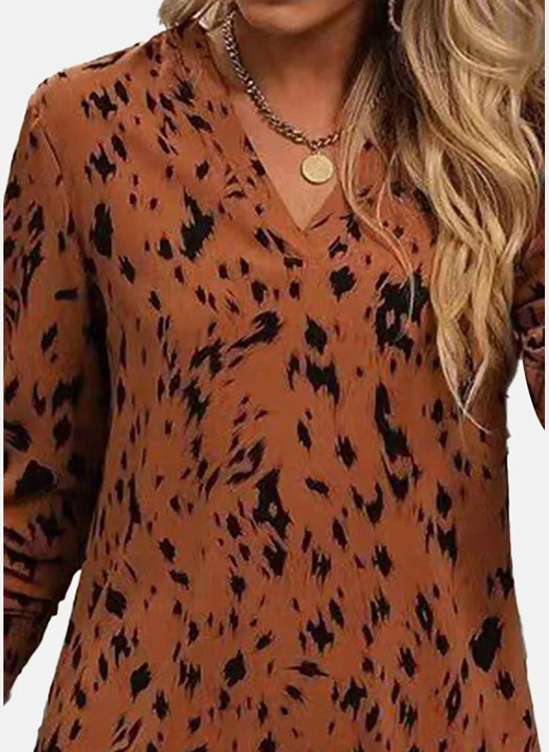 يونيكي Brown Animal Skin Printed V-Neck Roll Up Sleeves A-Line Dress