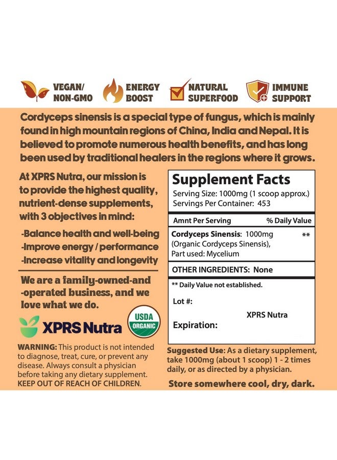 XPRS Nutra بودرة فطر الكورديسيبس العضوي من XPRS Nutra - فطر كورديسيبس متميز - مكمل بودرة فطر الكورديسيبس الحقيقي لدعم الطاقة والمناعة - فطر كورديسيبس مناسب للنباتيين (16 أونصة) - Image 2
