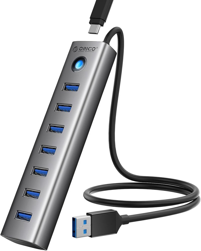 Orico USB 3.0 Hub, 5Gbps Aluminum 7 Port USB Hub, 50 cm Long Cable with 5V/3A Type-C Power Port, Multiple USB 3.0 Adapter Compatible with MacBook, PS4, Surface Pro, HP - Image 1