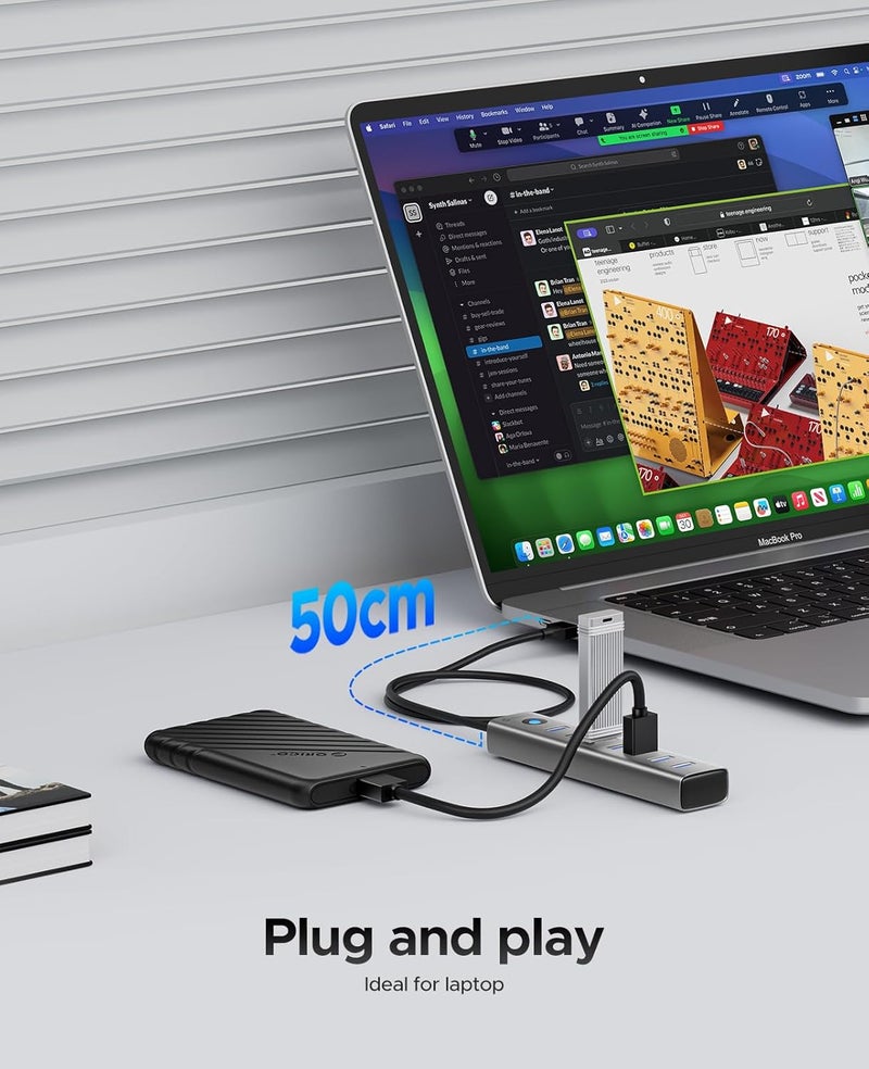 Orico USB 3.0 Hub, 5Gbps Aluminum 7 Port USB Hub, 50 cm Long Cable with 5V/3A Type-C Power Port, Multiple USB 3.0 Adapter Compatible with MacBook, PS4, Surface Pro, HP - Image 5