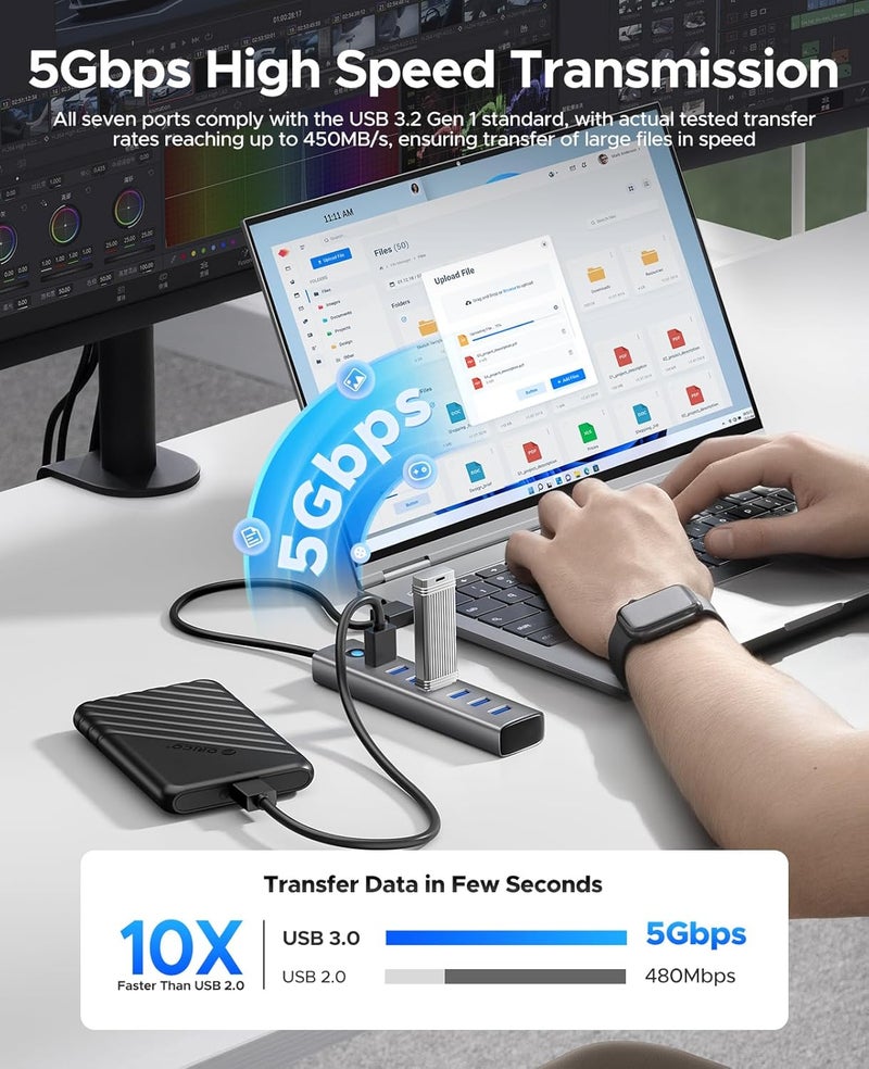 Orico USB 3.0 Hub, 5Gbps Aluminum 7 Port USB Hub, 50 cm Long Cable with 5V/3A Type-C Power Port, Multiple USB 3.0 Adapter Compatible with MacBook, PS4, Surface Pro, HP - Image 3