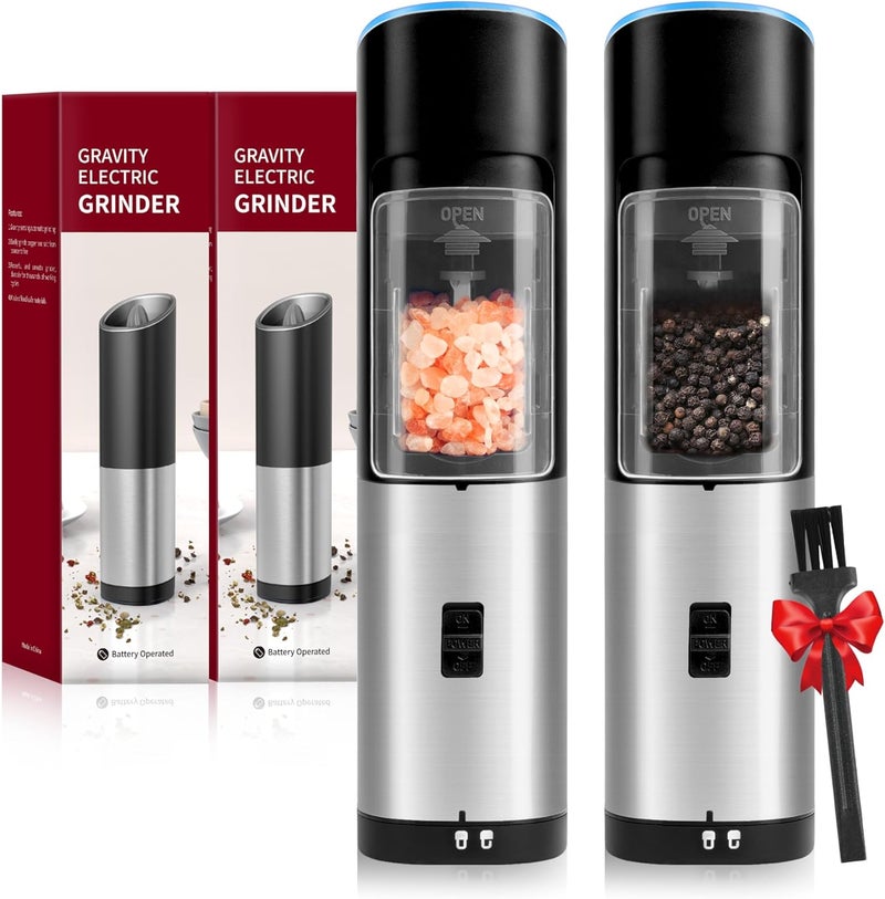 HealSmart Gravity Electric Salt and Pepper Grinder Set of 2 Pack, Adjustable Coarseness, One Hand Automatic Shakers Mill, Battery Powered with LED Light, Brushed Stainless Steel Perfect for Kitchen BBQ - Image 1