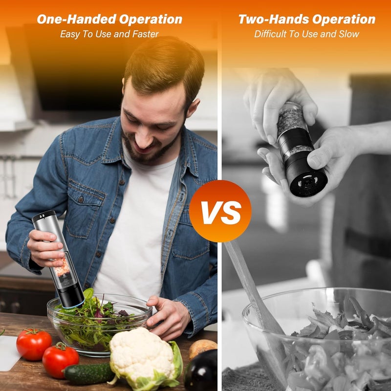 HealSmart Gravity Electric Salt and Pepper Grinder Set of 2 Pack, Adjustable Coarseness, One Hand Automatic Shakers Mill, Battery Powered with LED Light, Brushed Stainless Steel Perfect for Kitchen BBQ - Image 5