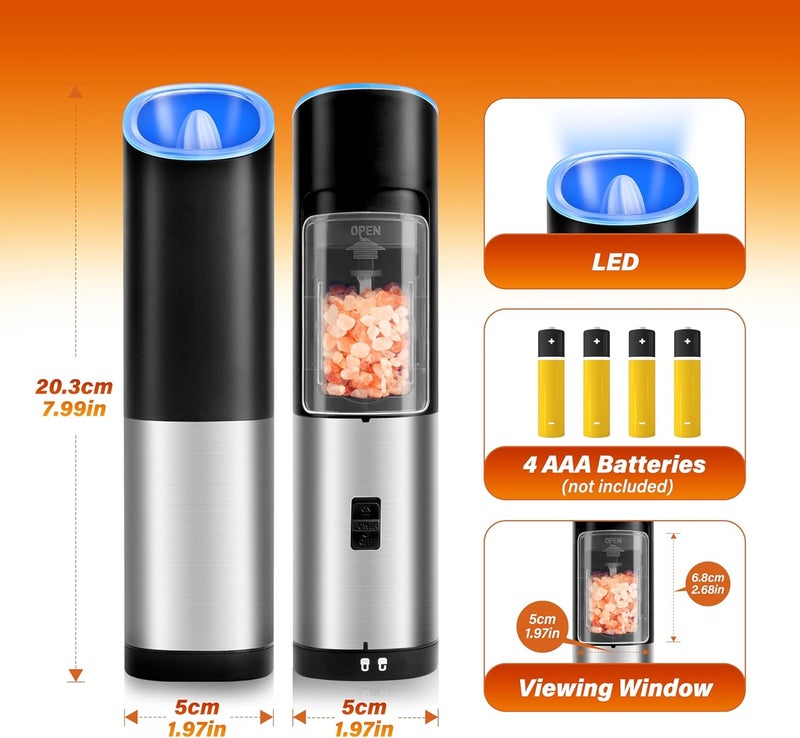 HealSmart Gravity Electric Salt and Pepper Grinder Set of 2 Pack, Adjustable Coarseness, One Hand Automatic Shakers Mill, Battery Powered with LED Light, Brushed Stainless Steel Perfect for Kitchen BBQ - Image 2