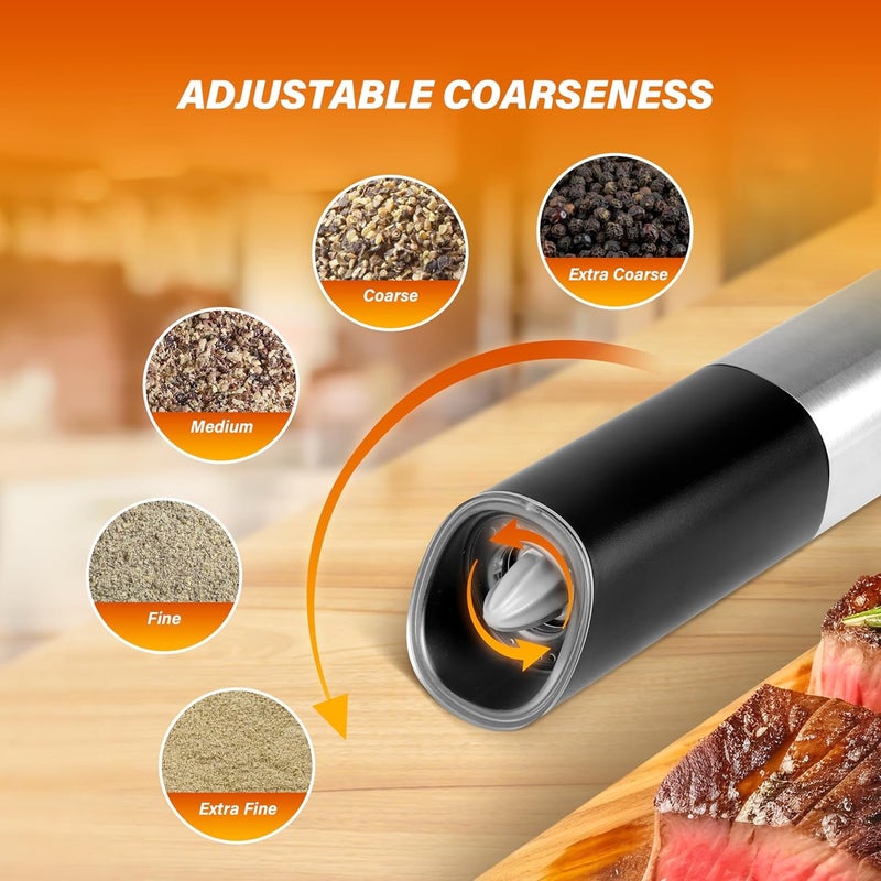 HealSmart Gravity Electric Salt and Pepper Grinder Set of 2 Pack, Adjustable Coarseness, One Hand Automatic Shakers Mill, Battery Powered with LED Light, Brushed Stainless Steel Perfect for Kitchen BBQ - Image 4