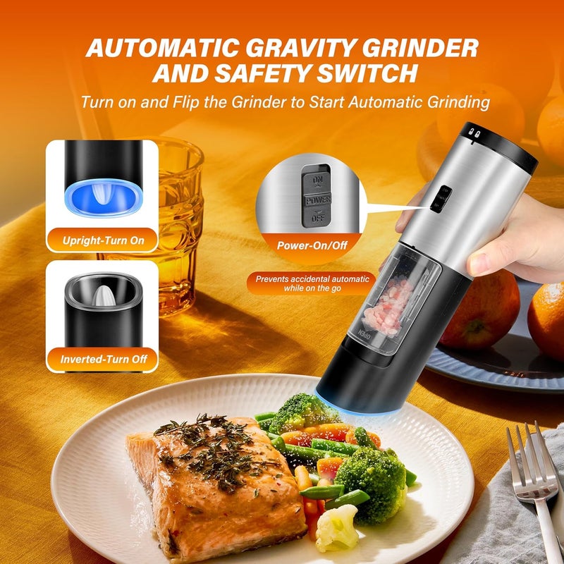 HealSmart Gravity Electric Salt and Pepper Grinder Set of 2 Pack, Adjustable Coarseness, One Hand Automatic Shakers Mill, Battery Powered with LED Light, Brushed Stainless Steel Perfect for Kitchen BBQ - Image 3