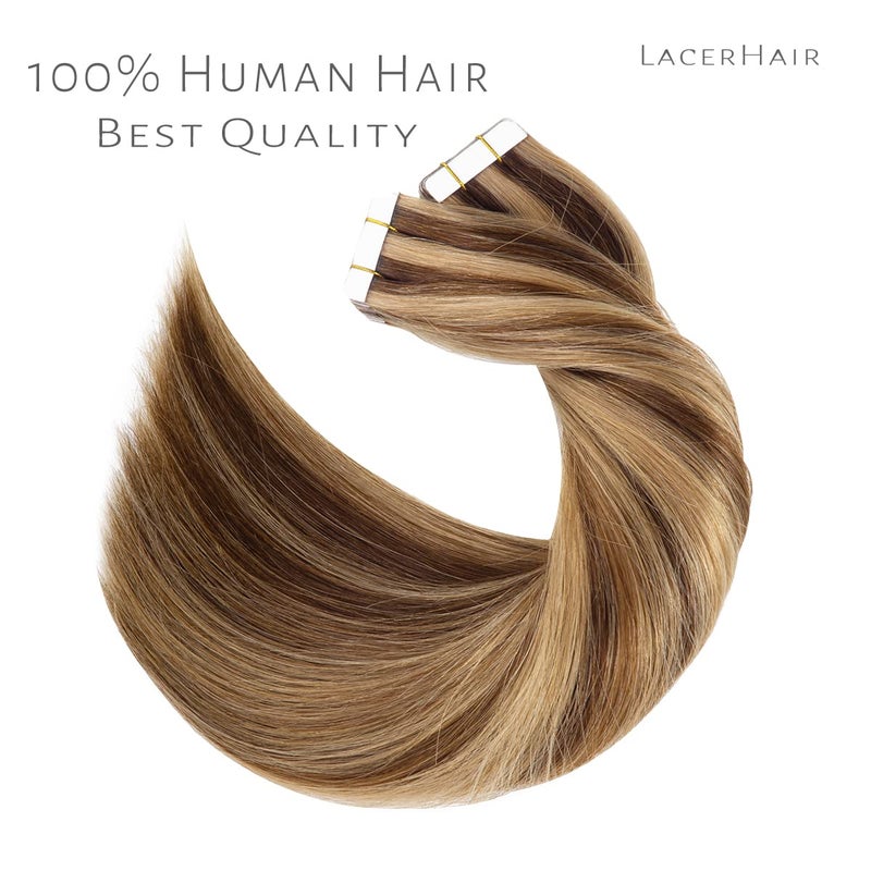 Lacerhair Natural Hair Remy Tape in Human Hair Extensions Highlight Color #4/12 Dark Brown to Golden Brown Seamless PU Skin Weft 100% Real Virgin Invisible Hair Double Side 50g 20pcs/set 14 Inch - Image 5