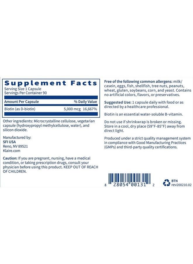 Biotin 5000mcg - High Potency Biotin Supplement - Vitamin Involved in Skin & Hair Nutrition - Corn-Free, Small, Easy-to-Swallow Hypoallergenic Biotin Pills (90 Caps)