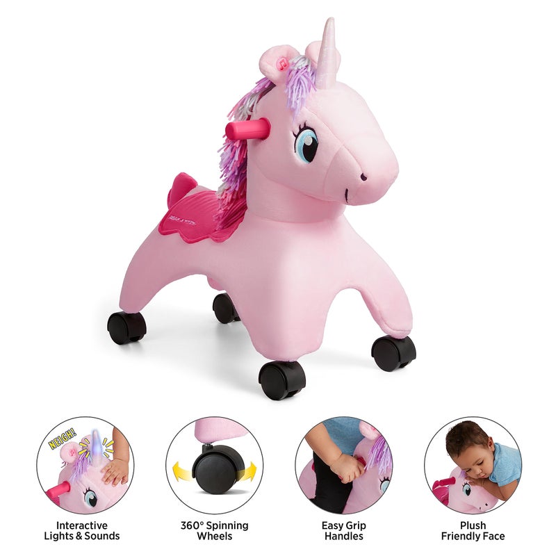 Radio Flyer Shimmer The Magic Unicorn Ride On, Ages 1-3, Interactive Lights & Sounds, Horn Lights Up While Riding, EZ-Glide 360-degree Wheels, Easy Grip Handles, Soft Plush Face, Toddler Ride On Toys - Image 2