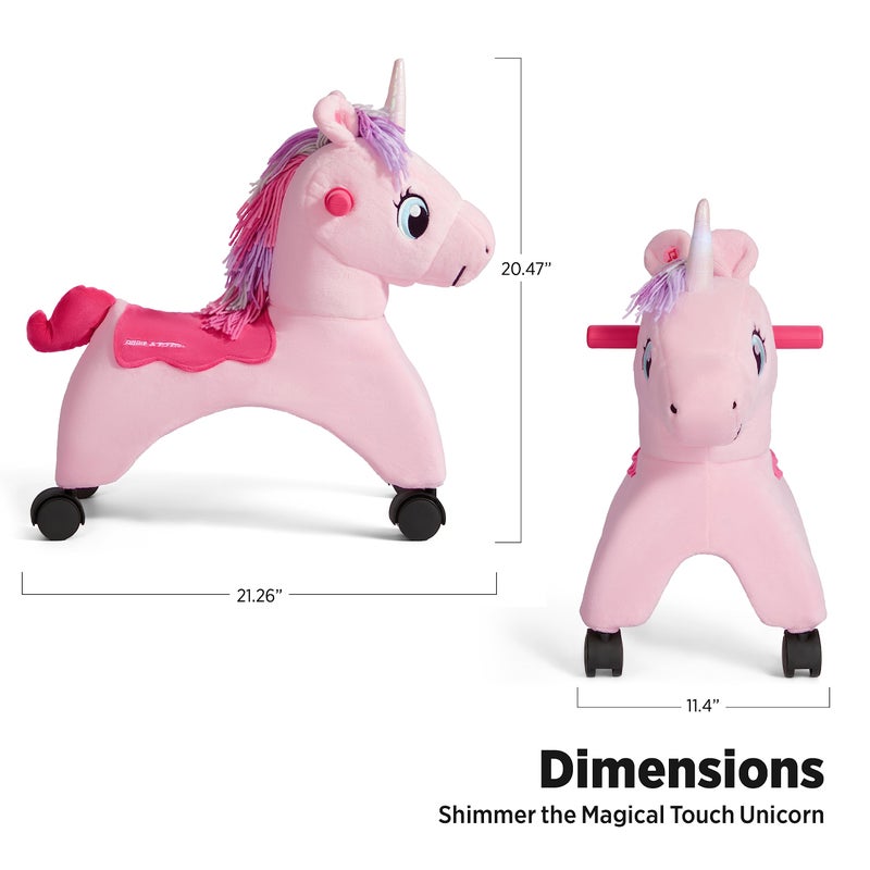 Radio Flyer Shimmer The Magic Unicorn Ride On, Ages 1-3, Interactive Lights & Sounds, Horn Lights Up While Riding, EZ-Glide 360-degree Wheels, Easy Grip Handles, Soft Plush Face, Toddler Ride On Toys - Image 3