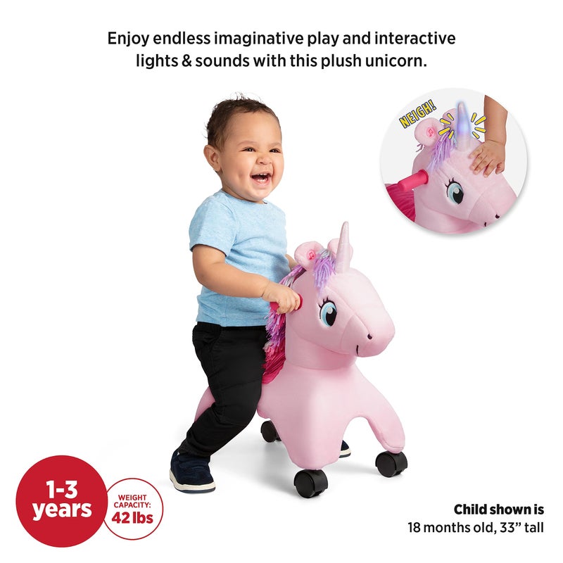 Radio Flyer Shimmer The Magic Unicorn Ride On, Ages 1-3, Interactive Lights & Sounds, Horn Lights Up While Riding, EZ-Glide 360-degree Wheels, Easy Grip Handles, Soft Plush Face, Toddler Ride On Toys - Image 4