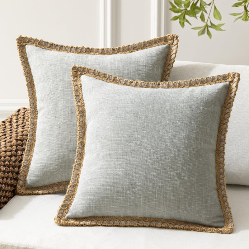 Phantoscope Pack of 2 Farmhouse Decorative Throw Decorative Pillow Cover Burlap Linen Trimmed Tailored Edges  Flax Gray  18 x 18 inches  45 x 45 cm - Image 1