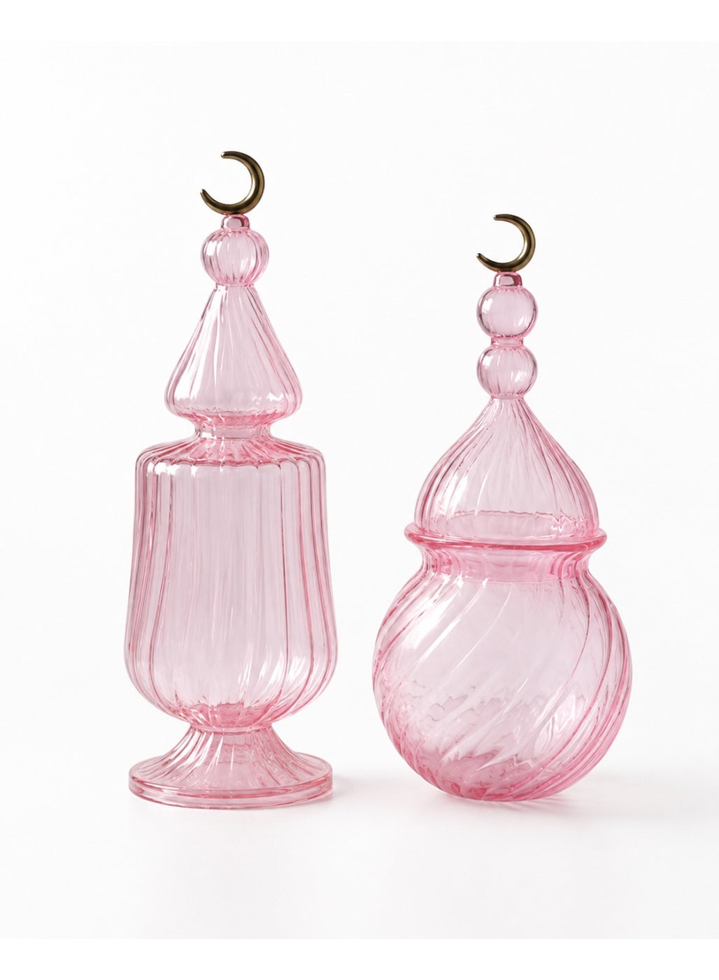 Casa Home Pink Glass Decorative Jar Set with Crescent Moon Lid, 2-Piece Ribbed Candy Storage Jars for Sweets