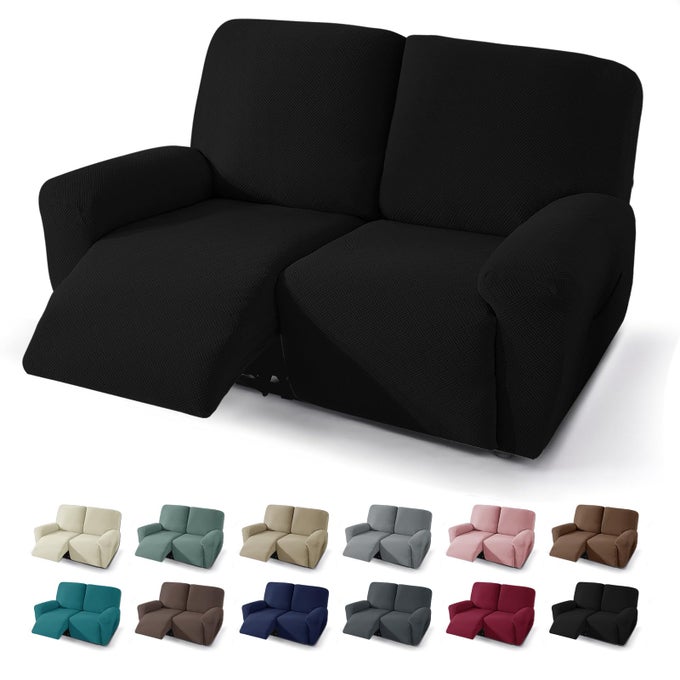 4 PIECES RECLINER LOVESEAT COVERS STRETCH RECLINER SOFA SLIPCOVER WITH ELASTIC BOTTOM JACQUARD FITTED RECLINING COUCH COVER FURNITURE PROTECTOR WITH POCKETS 2 SEATER BLACK