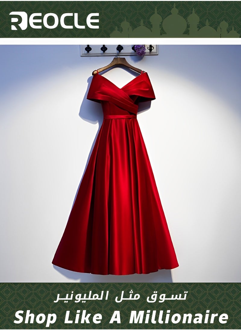 REOCLE Red Satin Evening Dress New V-neck Slimming Dress Usually Wearable Host Long Evening Dress  - Image 1