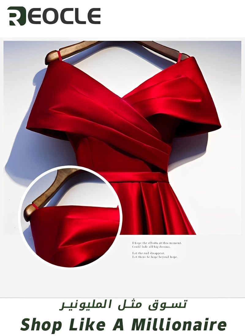 REOCLE Red Satin Evening Dress New V-neck Slimming Dress Usually Wearable Host Long Evening Dress  - Image 3